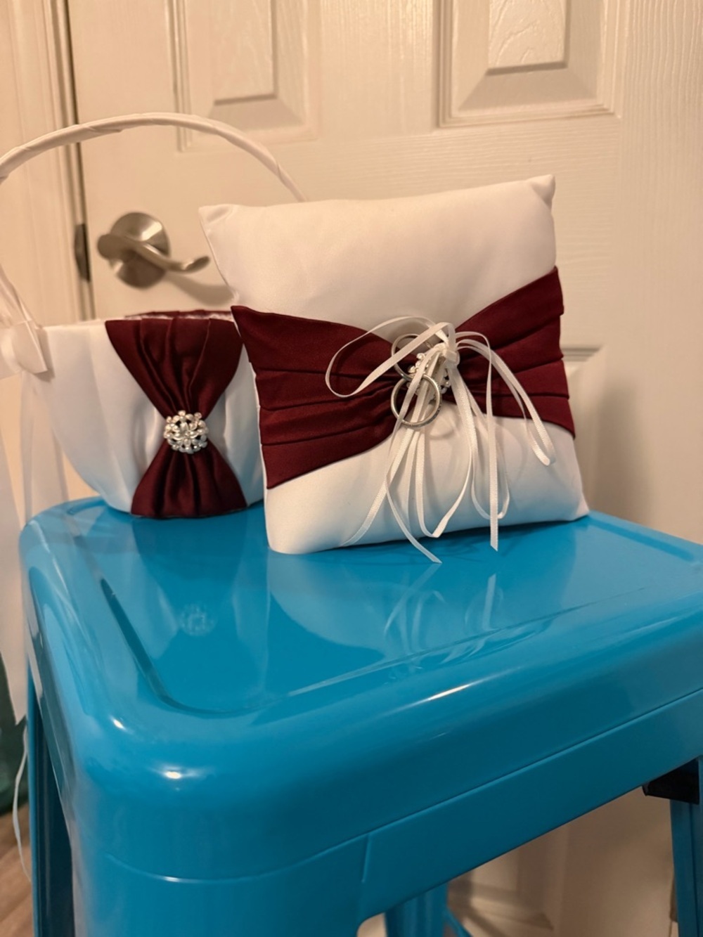 White Ring Bearer Pillow and Flower Girl Basket with Burgundy Sash